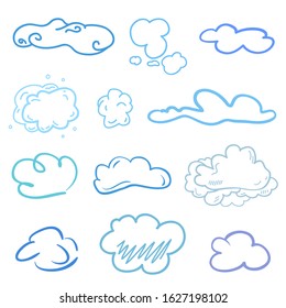 Colorful clouds on isolation background. Sketchy doodles on white. Hand drawn colored illustration