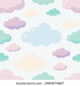Colorful clouds pattern on white with birds, leaves, and furry mammals
