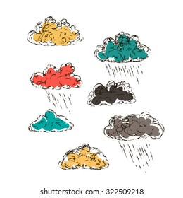 Colorful clouds with rain on white background. Isolated items. Vector elements for your design.