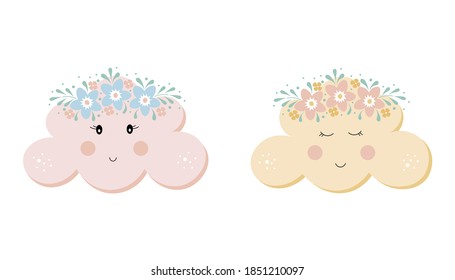Colorful clouds set for kids. Children collection in pastel tender colors. Vector cartoon illustration. Suitable for baby shower, kids clothes, cosmetic, prints, cards, posters, nursery, baby room etc