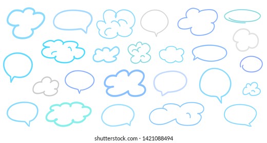 Colorful clouds and speech bubbles on isolation background. Doodles on white. Hand drawn infographic elements. Colored illustration. Sketches for your artworks