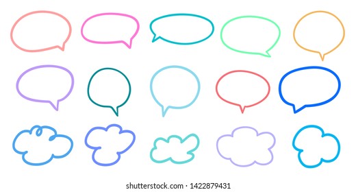 Colorful clouds and speech bubbles on isolation background. Doodles on white. Hand drawn infographic elements. Colored illustration. Sketches for your artworks