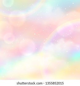 Colorful cloudy sky with shiny arc of rainbow. Vector abstract background with inscription.