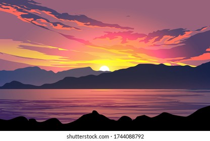 Colorful cloudy sunset over the hills with lake