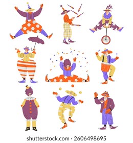 Colorful Clown Character with Bright Makeup and Nose Amusing Vector Set