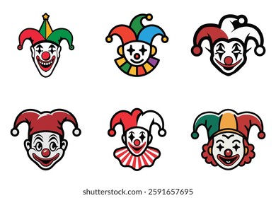 Colorful clown character set playful april fool's day flat vector icons
