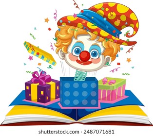 Colorful clown emerging from an open book