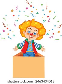 Colorful clown emerging from a surprise box