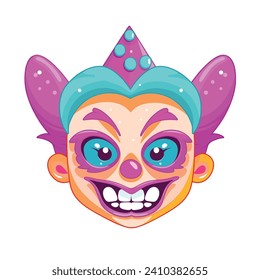 Colorful clown face vector illustration. Playful circus character with party hat and makeup. Cartoon fun and entertainment theme.