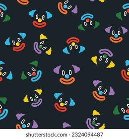 Colorful clown faces seamless pattern on dark background. Hand drawn abstract modern pop simple characters vector illustration.