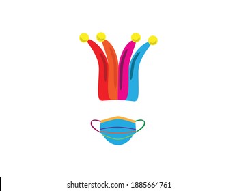 Colorful clown hat and face mask on White background