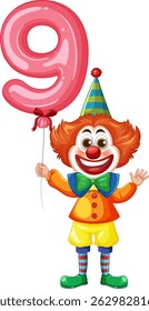 Colorful clown illustration with a striped hat and a pink balloon shaped as the number nine. Bright and playful design