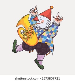 Colorful clown illustration with a tuba. The clown, wearing a checkered outfit, plays a tuba joyfully. Cartoon clown, tuba, and colorful attire. Isolated vintage art illustration vector element.