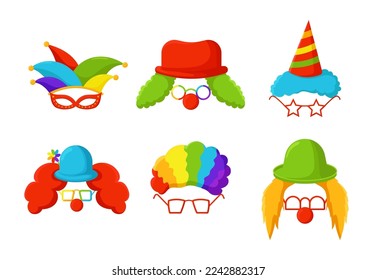 Colorful clown masks set template. Humor festive accessory with green wig and red nose with glasses for humorous vector parties