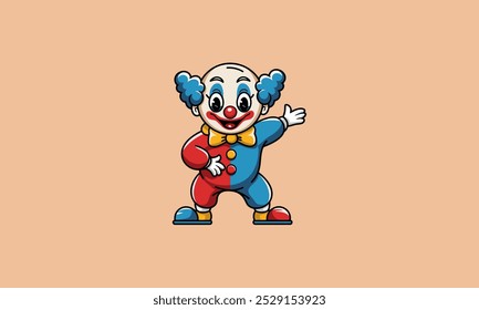 Colorful clown with red nose and open arms.