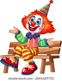 Colorful clown with vibrant attire and joyful expression sitting on a wooden bench, showcasing playful and whimsical style