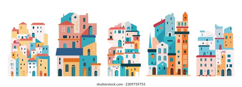 Colorful cluster of narrow tall cartoon houses. Flat style, minimalistic. Vertical Orientation. Vector illustration set for covers, prints, posters