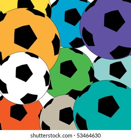 A colorful cluster of soccer balls background