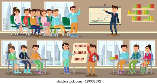 Colorful coaching horizontal banners with people on business training and seminar for personal growth vector illustration