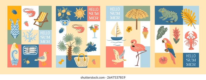 Colorful coastal summer card featuring variety of beach-themed elements: parrots, flamingos, seafood, tropical plants, sun, waves, sailboat, palm trees, fruits. Perfect for vacation, travel projects.