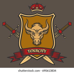 Colorful coat of arms with Bull Head. Vector heraldic emblem with swords and ribbon