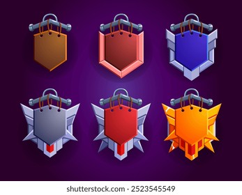 Colorful coat of arms set for game symbol. Wood, woody, bronze, metal, silver, gold, silver material. Emblem realistic vector.