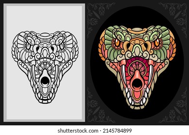 Colorful cobra snake head zentangle art with black line sketch isolated on black and white background
