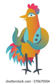 Colorful cock with sun tattoo in waistcoat. Isolated illustration in cartoon style. Chinese New Year symbol design. Can be used in printing: card, t-shirt, phone case, mug, bag and so on.