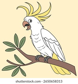 Colorful Cockatoo Bird Illustration on Yellow Background