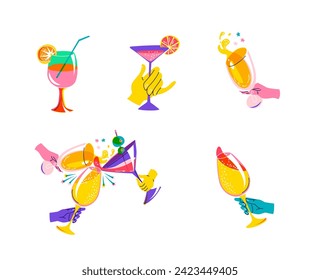 Colorful Cocktail Cheers Illustration in Flat Design Style for Party Invitations and Menus. Vector illustration, vibrant colors