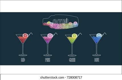 Colorful Cocktail collection in flat style namely red, pink, green and blue - Vector - illustration - Vector image