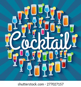 Colorful cocktail drink circle infographics template concept. Icons design for your product or design, web and mobile applications. Vector flat with long shadow illustration on blue background