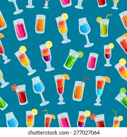 Colorful cocktail drink seamless pattern template concept. Icons design for your product or design, web and mobile applications. Vector flat with long shadow illustration on blue background
