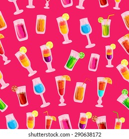 Colorful cocktail drink seamless pattern template concept. Icons  for your product or design, web and mobile applications. Vector flat with long shadow illustration on blue background