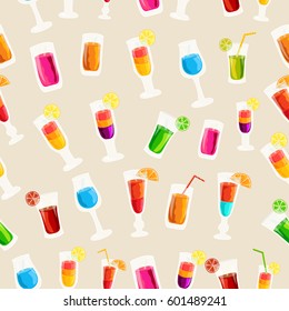 Colorful cocktail drink seamless pattern template concept. Icons for your product or design, web and mobile applications. Vector flat with long shadow illustration on blue background