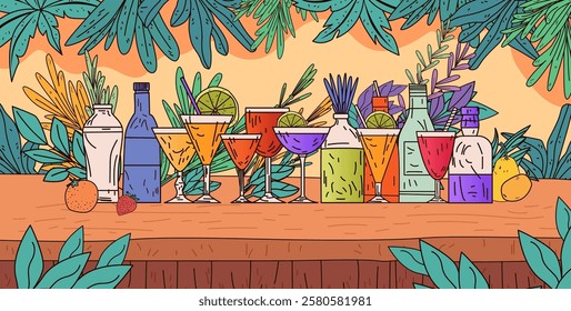 Colorful cocktail drinks tropical bar setting vibrant beverages with fruits and bottles surrounded by lush leaves and abstract background perfect for website banner
