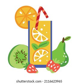 Colorful cocktail with fruits for summer holidays, parties and vacations. Vector illustration on a white isolated background, for printing on banners, menus, postcards.