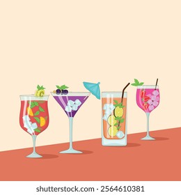 Colorful Cocktail Glasses With Fruits and Ice Cubes on a Stylish Background