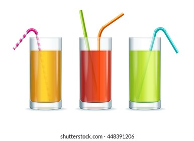 Colorful Cocktail Glasses Set Isolated on White Background. Alcohol or Vegetable Beverages. Vector illustration