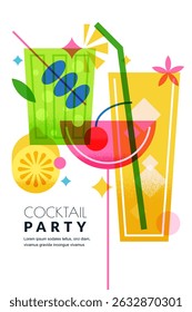 Colorful cocktail party poster vertical vector design with three festive drinks. Abstract geometric layout for bar menu, celebration flyer, event banner or holiday invitation background