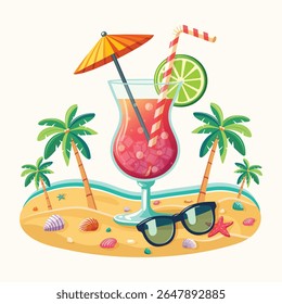 Colorful cocktail with straw, umbrella and lime on the beach with palm trees on white background. Hello Summer concept. Poster, Banner, Flyer, Greeting Card. Vector illustration in flat cartoon style