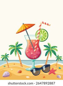 Colorful cocktail with straw, umbrella and lime on the beach with palm trees on white background. Hello Summer concept. Poster, Banner, Flyer, Greeting Card. Vector illustration in flat cartoon style