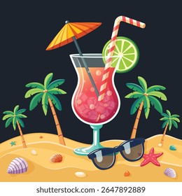 Colorful cocktail with straw, umbrella and lime on the beach with palm trees on white background. Hello Summer concept. Poster, Banner, Flyer, Greeting Card. Vector illustration in flat cartoon style