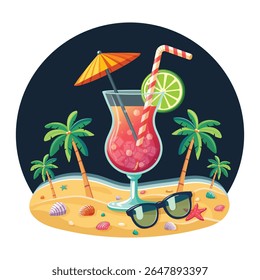 Colorful cocktail with straw, umbrella and lime on the beach with palm trees on white background. Hello Summer concept. Poster, Banner, Flyer, Greeting Card. Vector illustration in flat cartoon style
