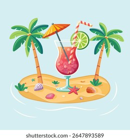 Colorful cocktail with straw, umbrella and lime on the beach with palm trees on blue background. Hello Summer concept. Poster, Banner, Flyer, Greeting Card. Vector illustration in flat cartoon style