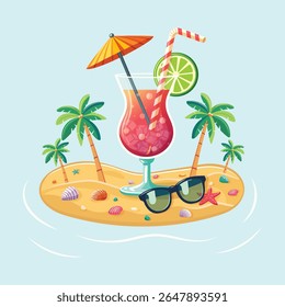 Colorful cocktail with straw, umbrella and lime on the beach with palm trees on blue background. Hello Summer concept. Poster, Banner, Flyer, Greeting Card. Vector illustration in flat cartoon style