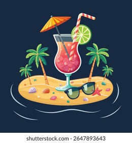 Colorful cocktail with straw, umbrella and lime on the beach with palm trees on dark background. Hello Summer concept. Poster, Banner, Flyer, Greeting Card. Vector illustration in flat cartoon style
