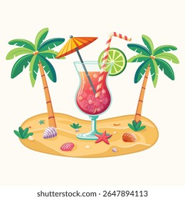 Colorful cocktail with straw, umbrella and lime on the beach with palm trees on white background. Hello Summer concept. Poster, Banner, Flyer, Greeting Card. Vector illustration in flat cartoon style