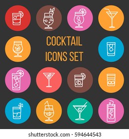 Colorful cocktail thin line vector icons set