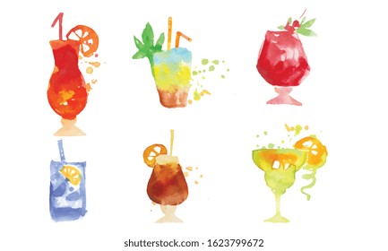 Colorful Cocktails Collection, Summer Alcoholic Drinks Watercolor Hand Drawn Vector Illustration